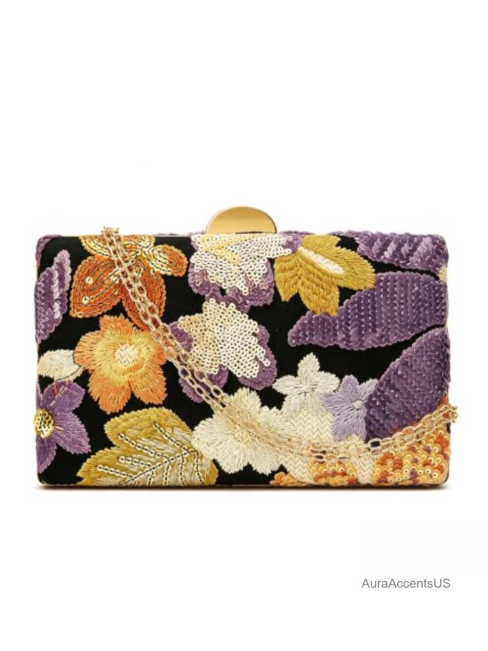 Sequin Floral Evening Clutch Purse with Detachable Chain